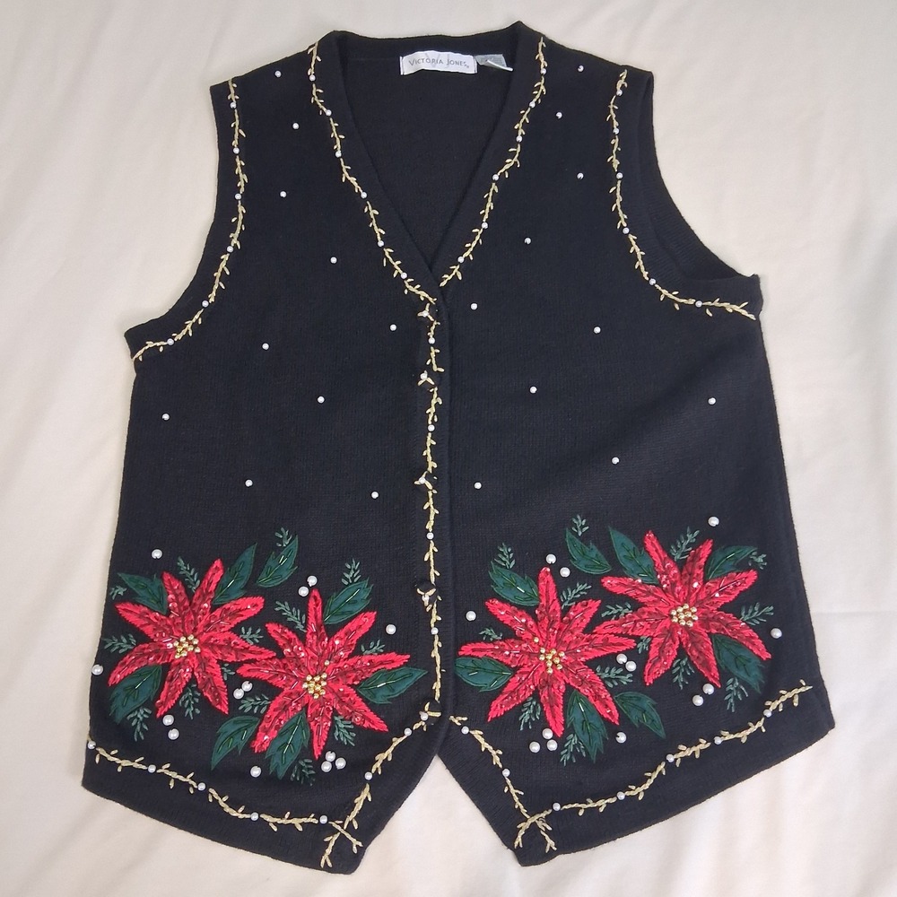 Victoria Jones Ugly Christmas Poinsettias Beaded‎ Embroidered Sweater Vest Sz M